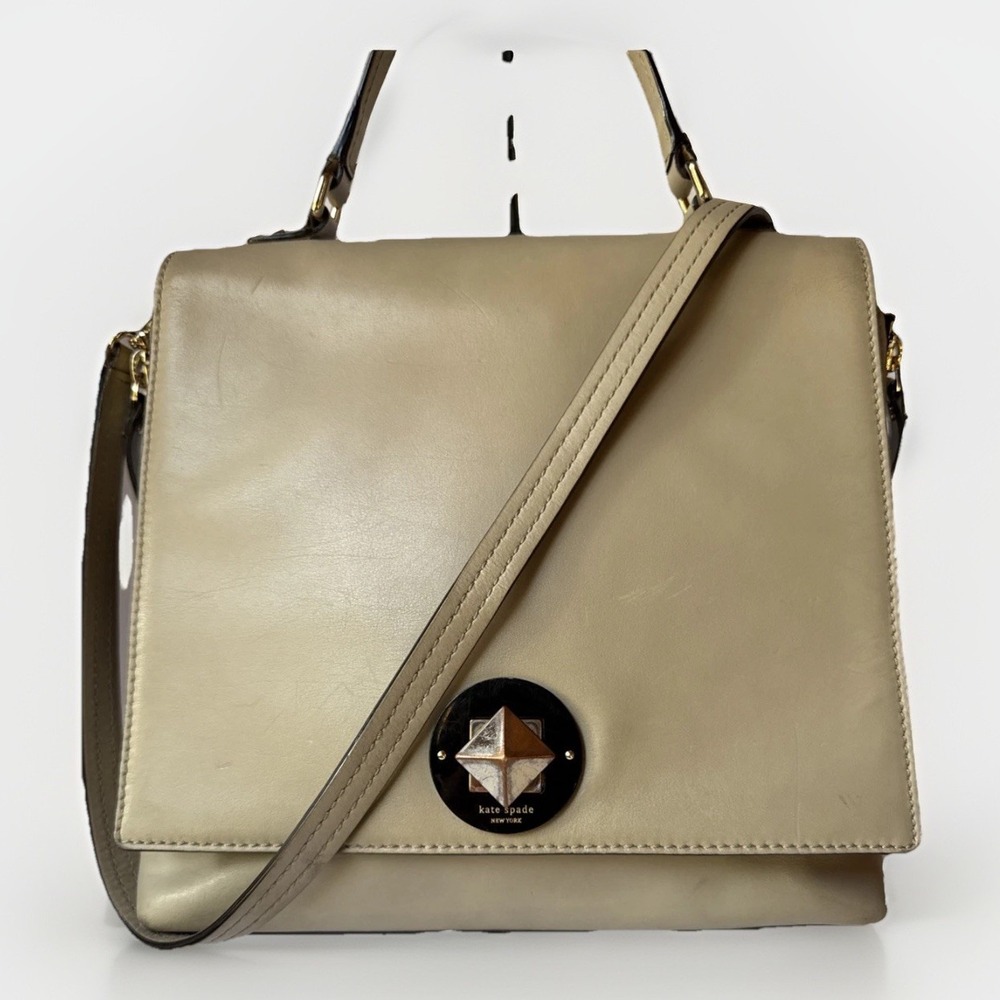KATE SPADE Leather St Abbie Satchel Shoulder Bag Taupe Black Convertible Large